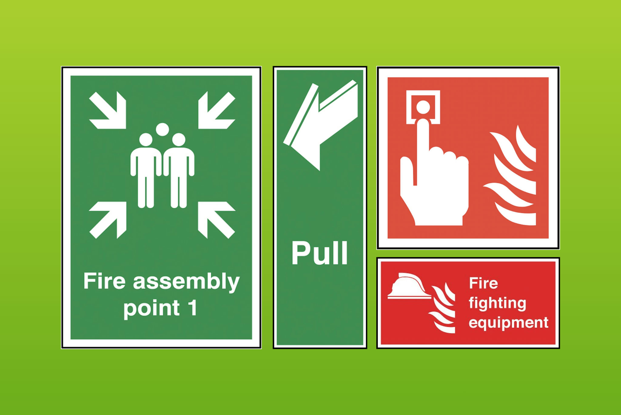 Assembly point and fire point signs.