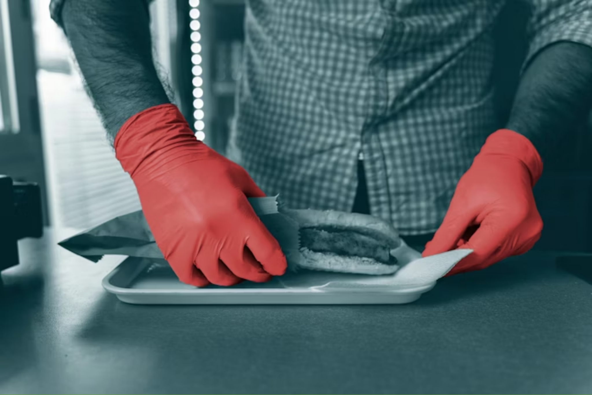 Pair of red gloves being used in a food hygiene environment.