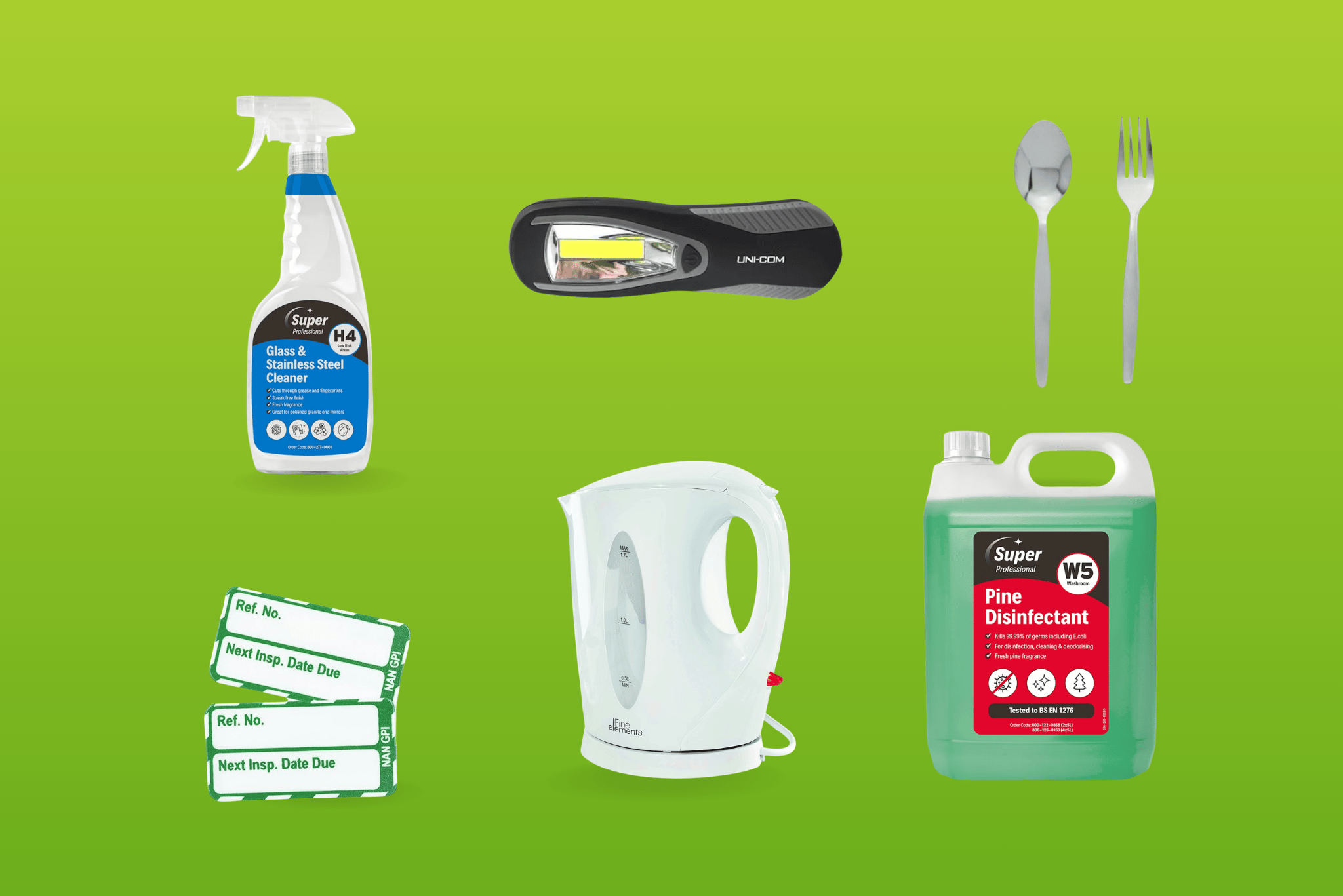 Group of consumable items, including a torch, kettle, and disinfectant.