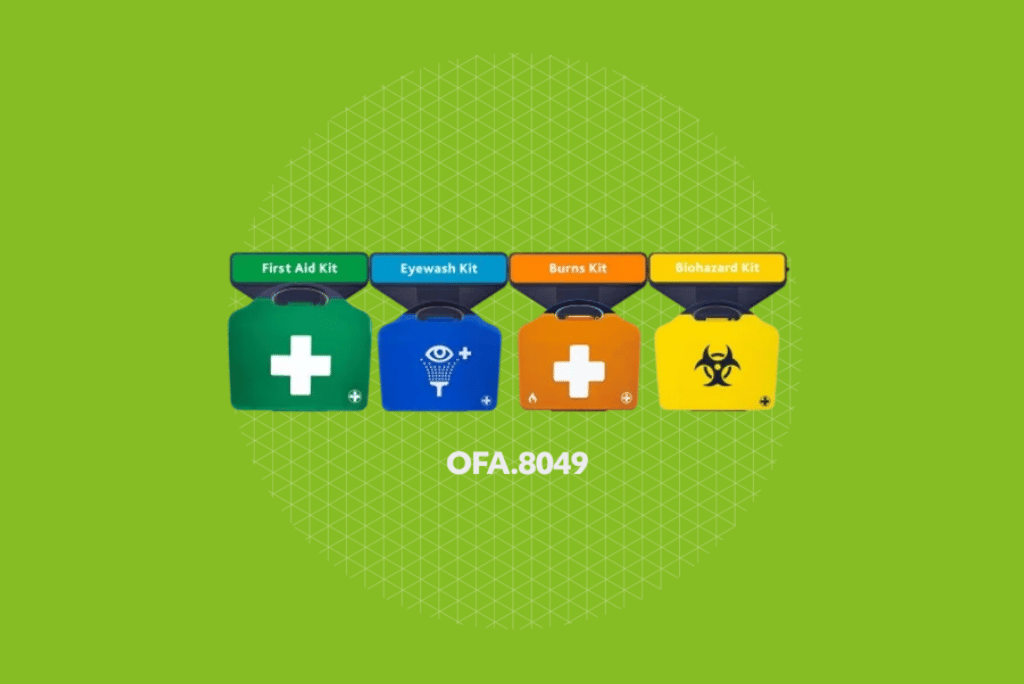 Wall-mounted first aid kits.
