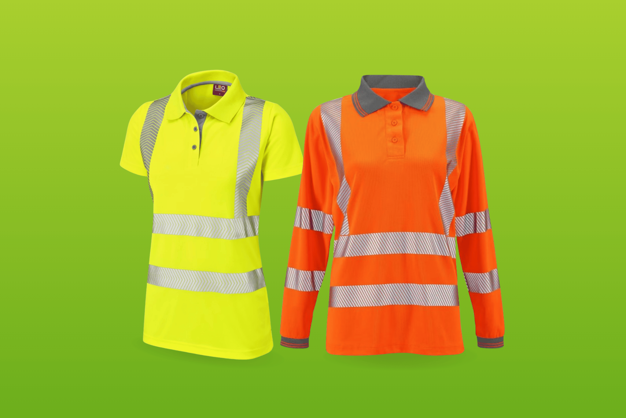 Ladies hi-viz polo shirts with long and short sleeves.