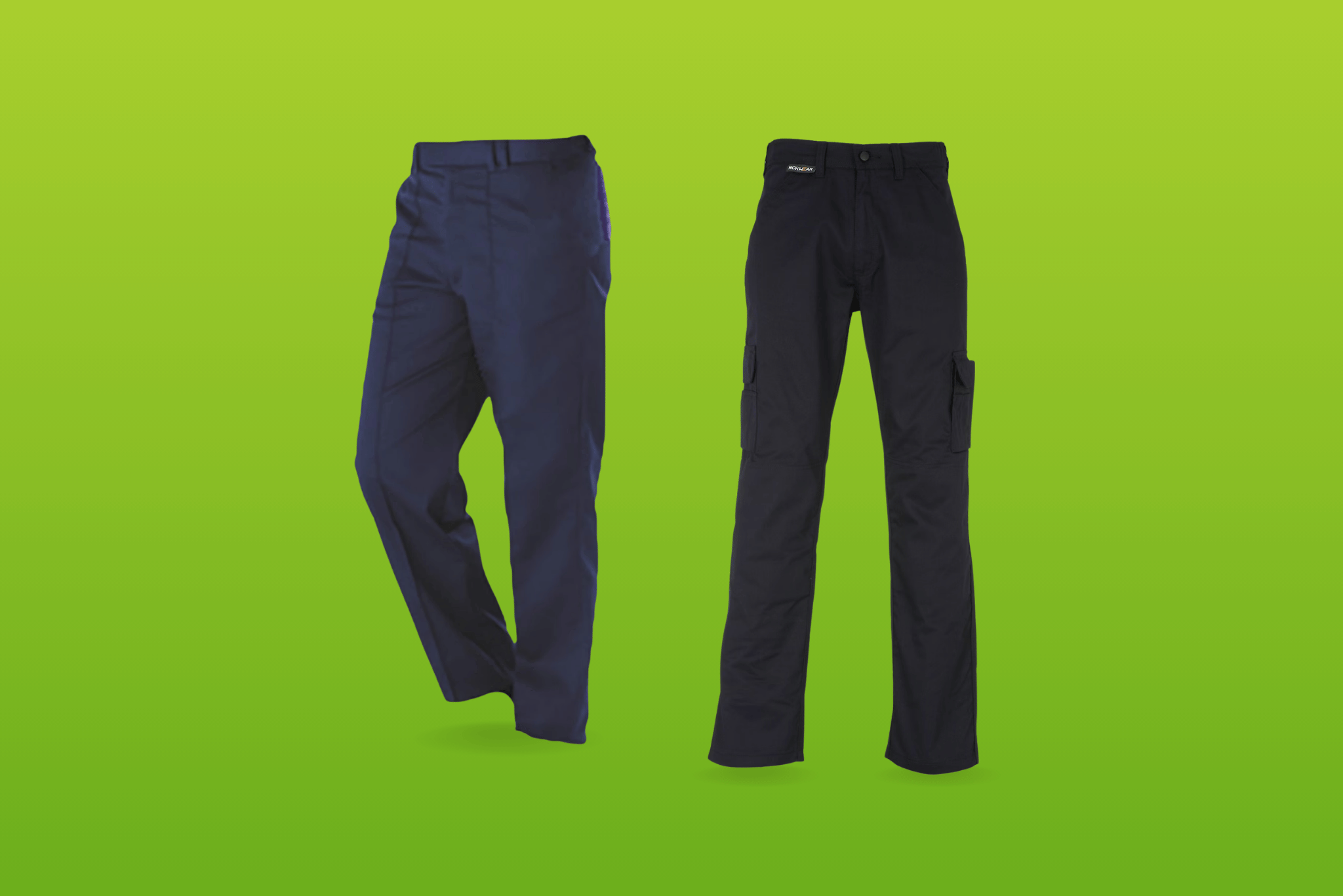 Two pairs of women's workwear trousers in navy.