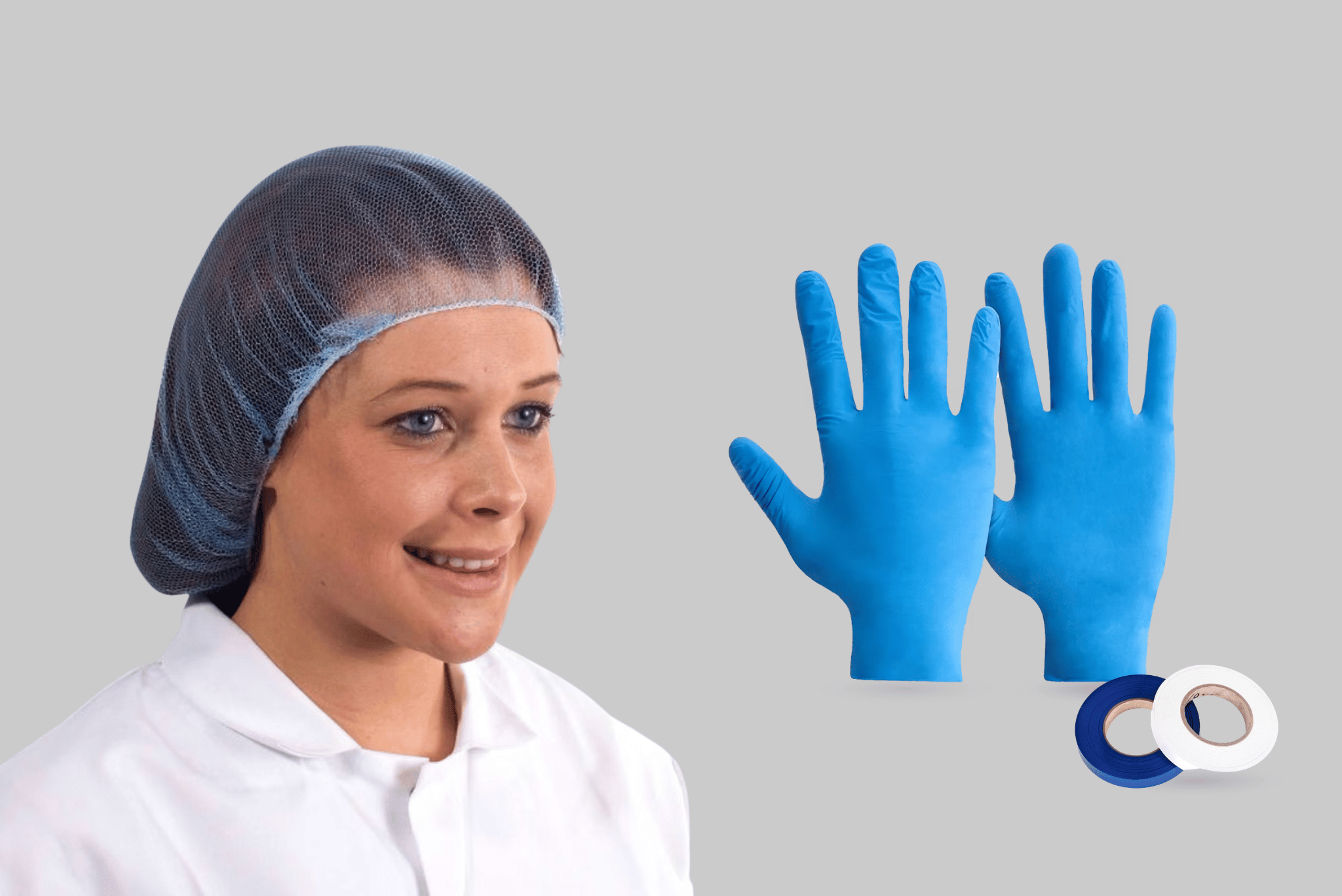 Worker wearing a hairnet with disposable gloves and apron tape.