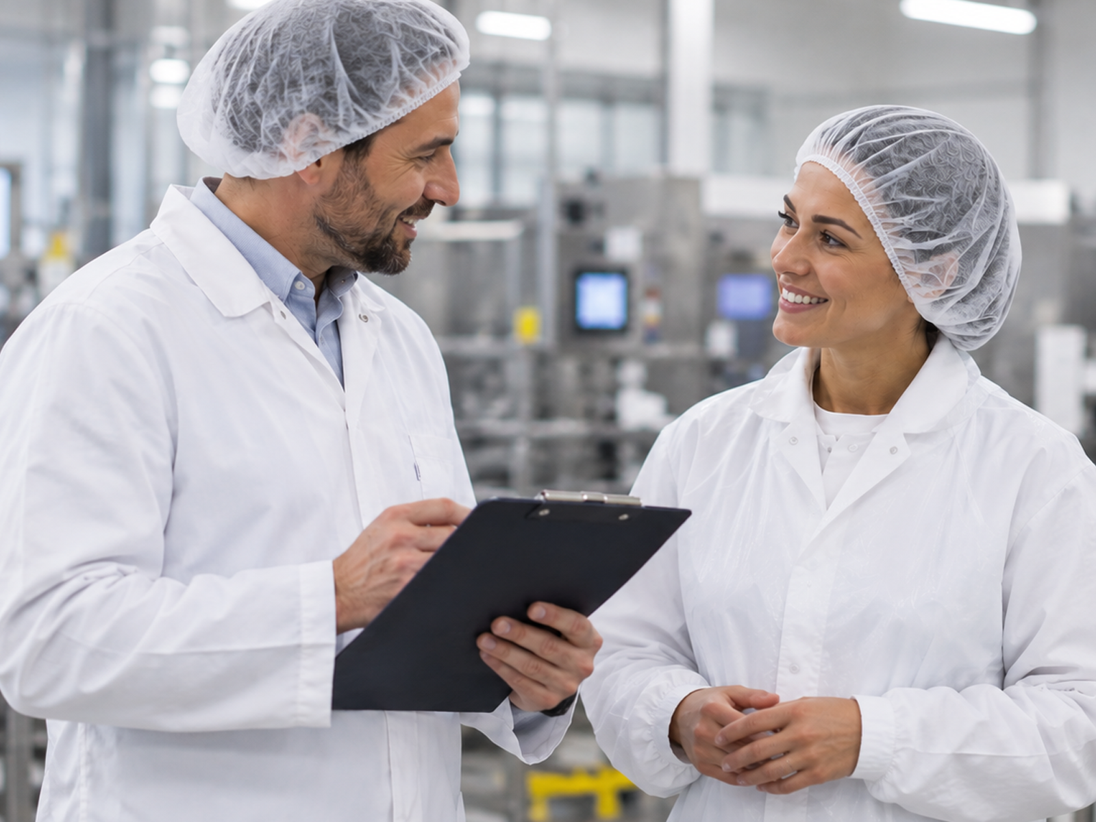 Food processing colleagues discussing safety and compliance requirements in a hygiene-controlled production facility.