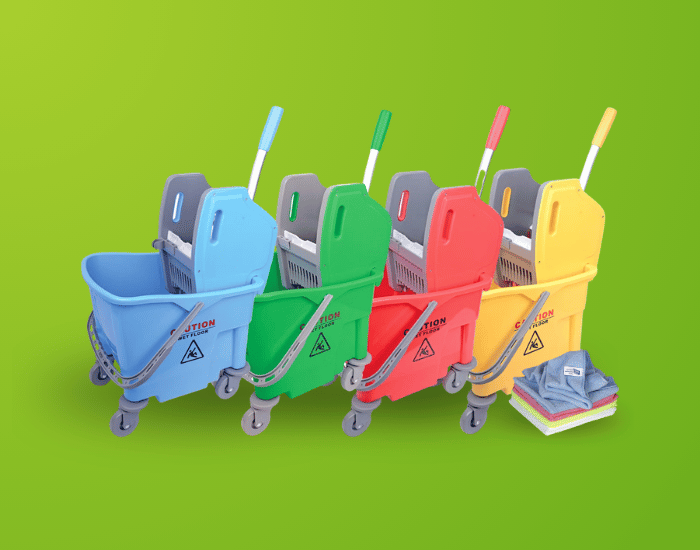 Colour-coded cleaning equipment.