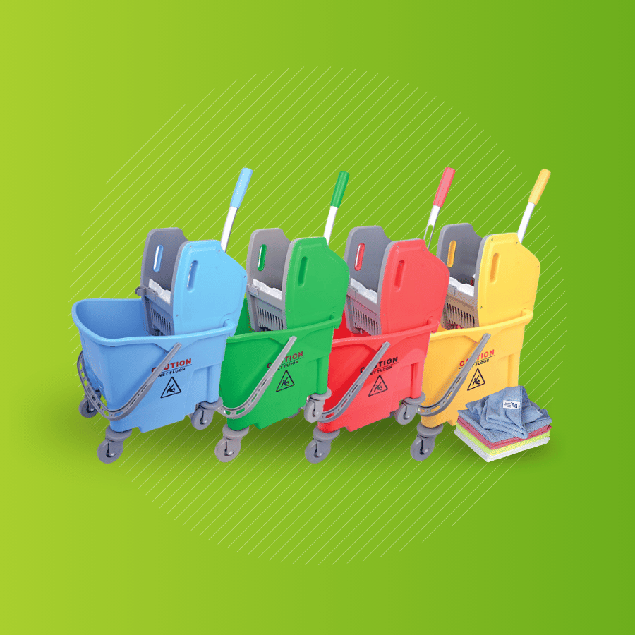 Colour-coded cleaning equipment.