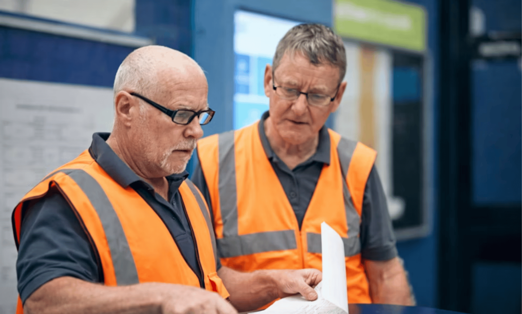 Two Co-op workers in orange hi-vis PPE.